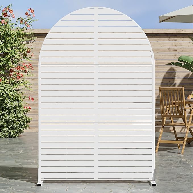Casaphoria 72" H x 47" W Arched Metal Privacy Screen - Elegant Freestanding Outdoor Screen for Deck, Patio & Balcony - Versatile Decorative Privacy Panels for Home & Garden Use (White-Louvered)