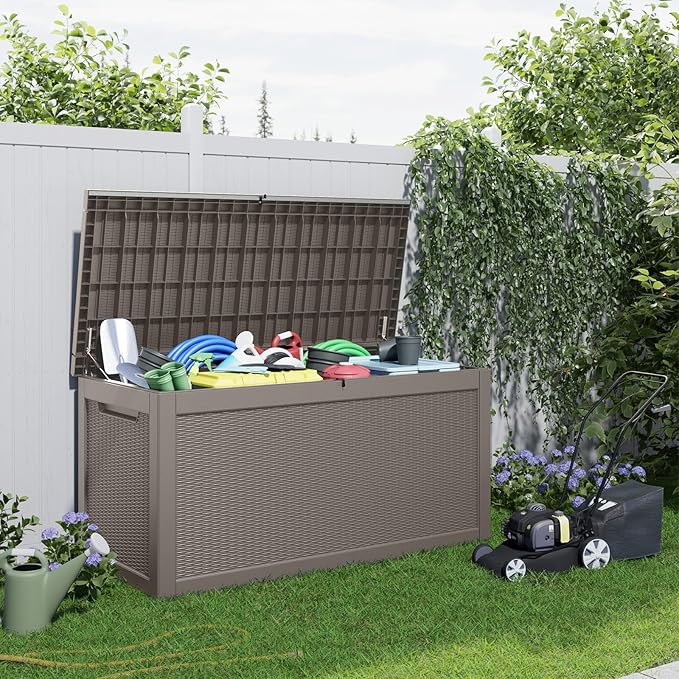 320 Gallon Waterproof Outdoor Storage Box,Large Resin Deck Box,Lockable Outside Storage Box Container for Patio Furniure,Garden,Tools (320 Gallon,Grey)