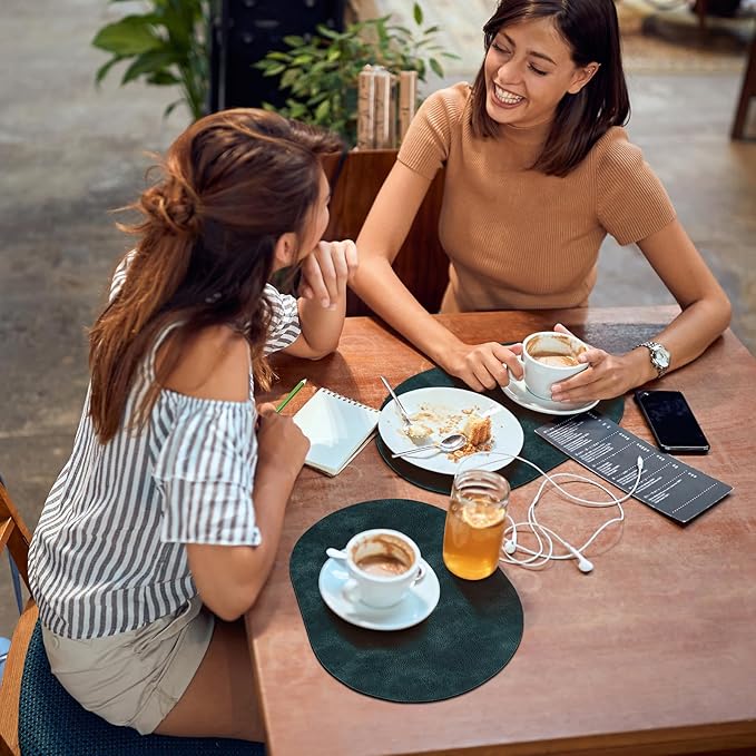 ADRIMER Placemats, Heat Resistant Oval Placemats Set of 8 Washable 12 x 17 Inch, Waterproof Table Mats, Wipeable Pu Place Mats for Kitchen, Dining Room, Dark Blue