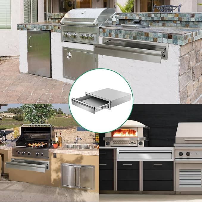 Outdoor Kitchen Drawers 24" W x 6.5" H x 23" D Stainless Steel Single Drawers with Hidden Handle for BBQ Island, Patio Grill Station & Outdoor Kitchen Cabinets