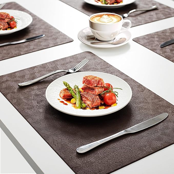Vinyl Placemats Set of 6 Faux Leather 100% Waterproof Wipeable Washable Place Mats Heat Resistant Easy Clean Non-Slip Table Mats for Indoor Outdoor. (6,Coffee)