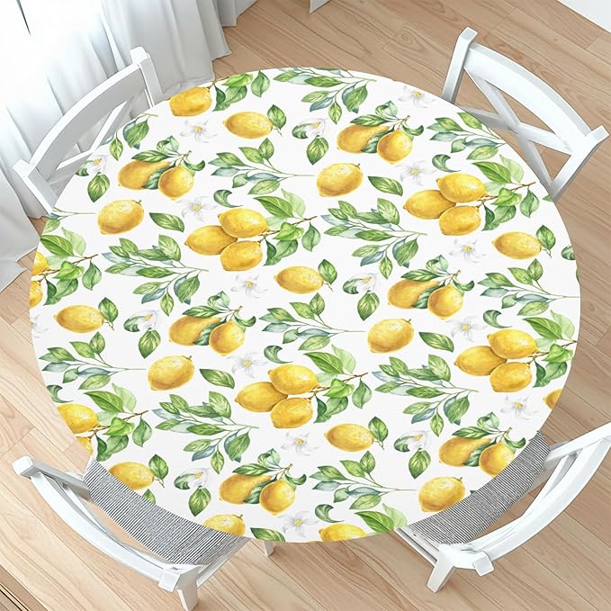 Lemon Round Fitted Tablecloth with Elastic Spring Summer Yellow Lemons Circle Table Cloth for 40-44" Round Tables Wipeable Waterproof Lemonade Party Farmhouse Table Cover for Picnic Dining Outdoor