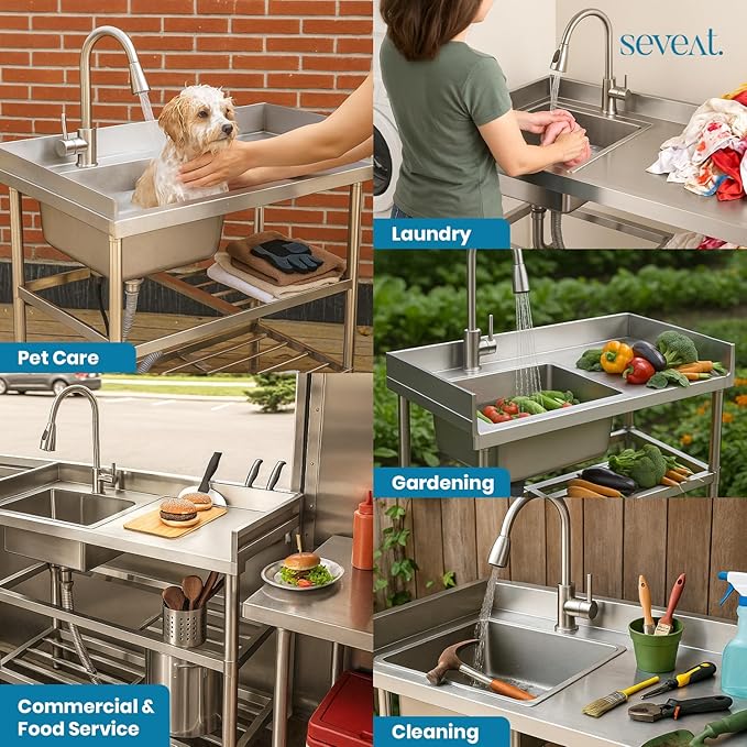Stainless Steel Utility Sink Freestanding Laundry Sink with Pull-Out Faucet, Utility Tub with Bottom Shelves for Garage, Basement, Mudroom, or Workshop (Silver)