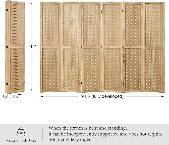 Pegboard Display, 5.6Ft Portable Freestanding Wall Organizer Wooden Room Divider Folding Privacy Screens for Craft Art Display Board (6panels, Natural)
