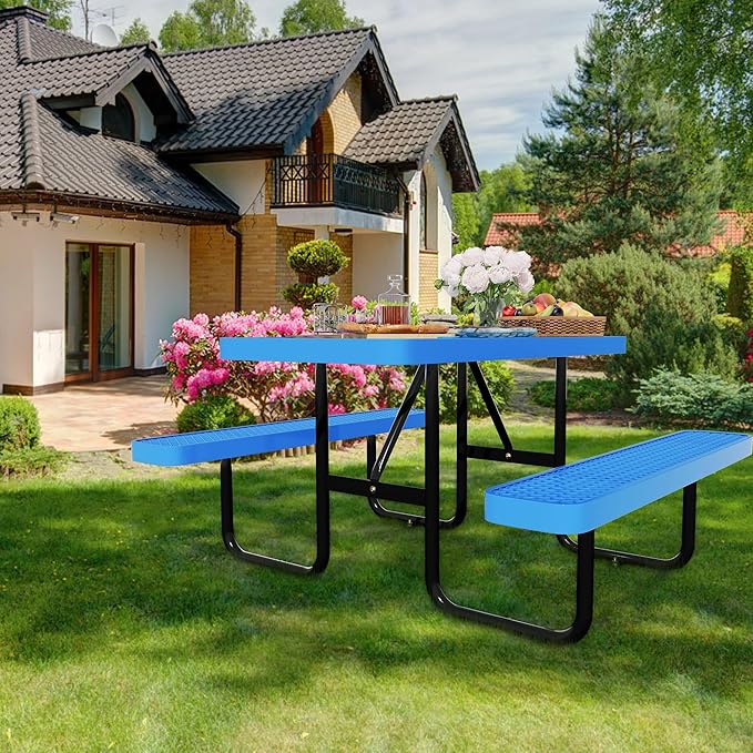 4FT Rectangular Metal Picnic Table for Outdoors, Commercial Steel Metal Picnic Tables, Heavy Duty Sturdy Picnic Tables Furniture Set for Patio Garden Courtyard BBQ, with Umbrella Hole, Blue