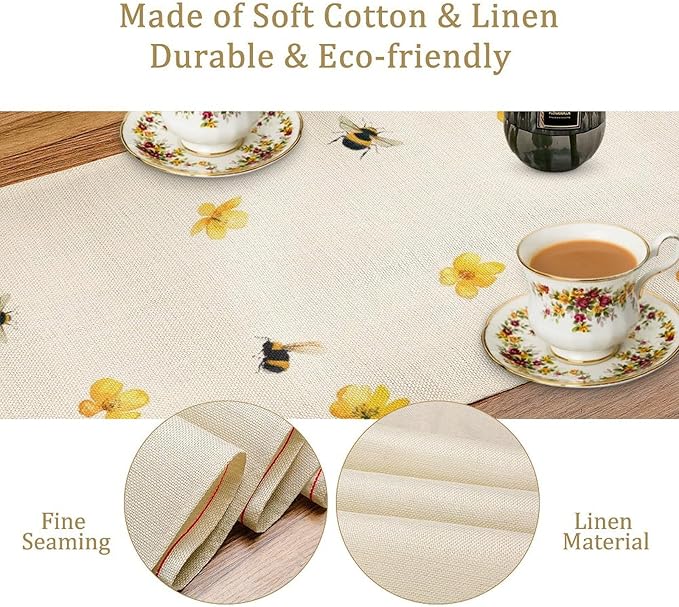 Yellow Wild Flowers Table Runner, Rustic Farmhouse Watercolor Daisy Floral Branches Bees Print Table Runner for Kitchen Dining Room Party Picnic Table Decor, 13x36inch