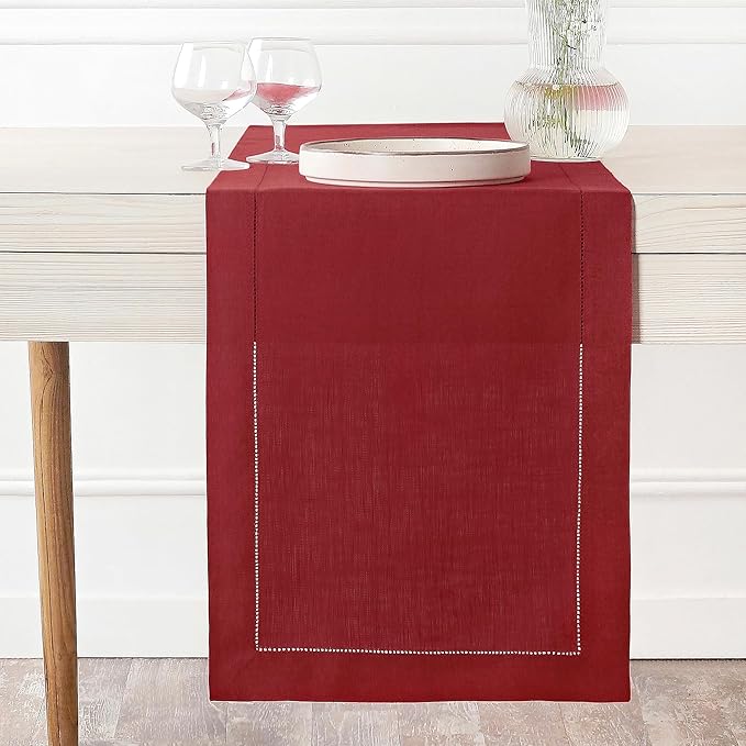 D'Moksha Homes Linen Red Table Runner 108 Inches Long - 100% Pure Linen 14 x 108 Inch Table Runner for Valentines, Spring - Classic Hemstitch