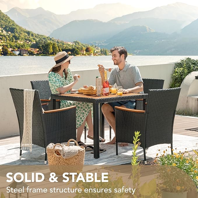 Devoko 5 PCS Furniture, Patio Conversation Set with Acacia Wood Top, Rattan Outdoor Dining Table and Chairs for Backyard, Garden, Deck, Black