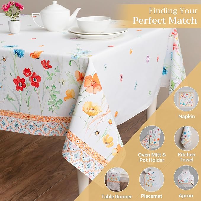 Maison d' Hermine Table Cloth Rectangle Table 100% Cotton 70 x 108 Inches Tablecloth Reusable Decorative for Dining Room, Farmhouse, Home, Party, Festive & Wedding Spring Summer - Summer Whisper