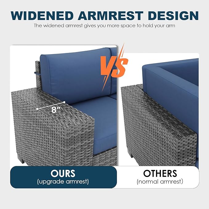 13 Piece Patio Furniture Set with Fire Pit Table, Outdoor Conversation Sets Grey Wicker Rattan Sectional Sofa, 4'' Thickened Cushion Navy Blue (Include Waterproof Cover)