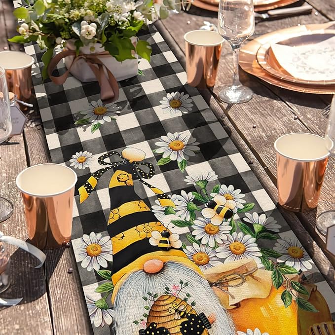Seliem Spring Bee Gnome Table Runner, Honey Black White Buffalo Plaid Check Home Kitchen Dining Decor, Summer Seasonal Farmhouse Daisy Decorations Indoor Outdoor Anniversary Party Supply 13 x 90 Inch