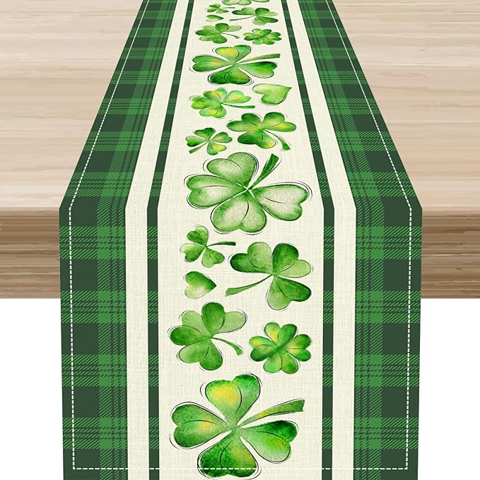 St.Patrick's Day Table Runner,Vinatge Rustic Green Buffalo Plaid White Shamrock Watercolor Table Center Decor for Home Kitchen Dining Patio Holiday Party Indoor Table Decorations, 13"x36"