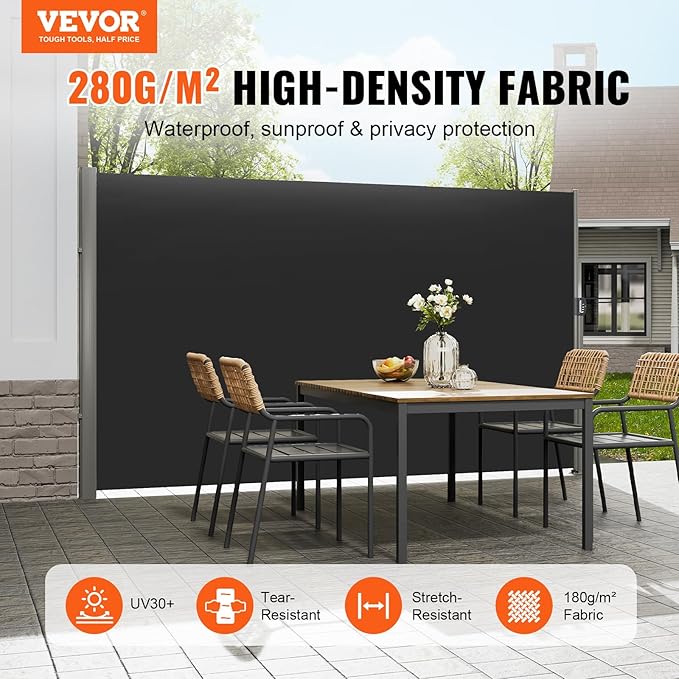 VEVOR Retractable Side Awning, UV 50 118" x 71" Retractable Patio Screen Waterproof, 280 g Thicken Folding Room Divider Wind Screen for Privacy, Garden, Outdoor, Patio and Terrace, Black