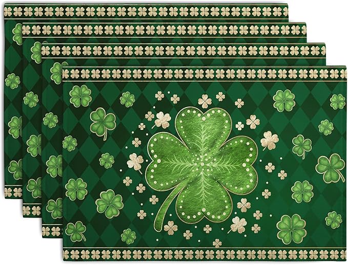 Green Shamrock St Patricks Day Placemats Set of 4 Lucky Clover Plaid Check Table Mat 12x18 Inch St. Patrick's Day Seasonal Holiday Place Mats Spring Linen Placemat for Party Kitchen Dining Decor
