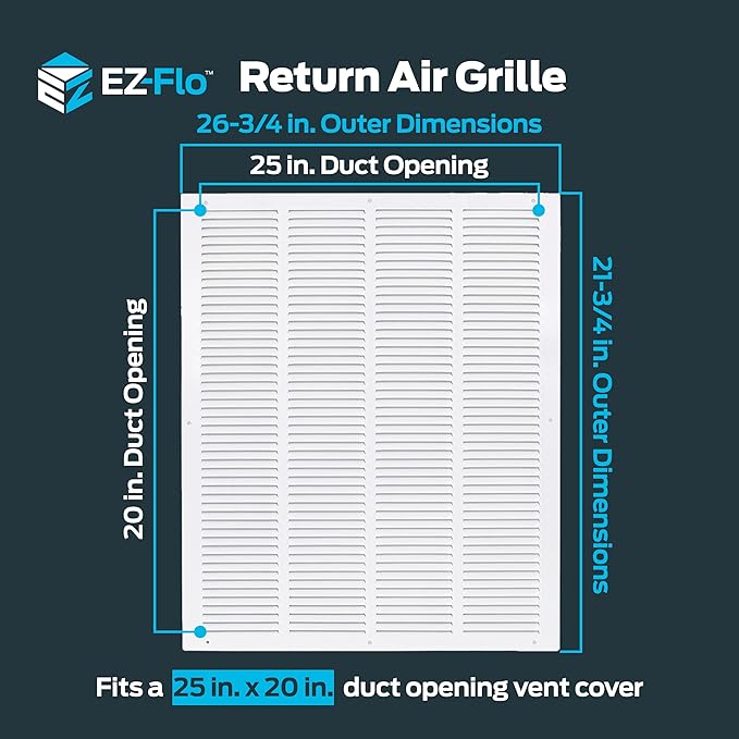EZ-FLO 20 x 25 Inch (Duct Opening) Return Air Vent Cover for Wall or Ceiling, Solid Steel Return Air Grille, HVAC Vent Cover, White, 61649