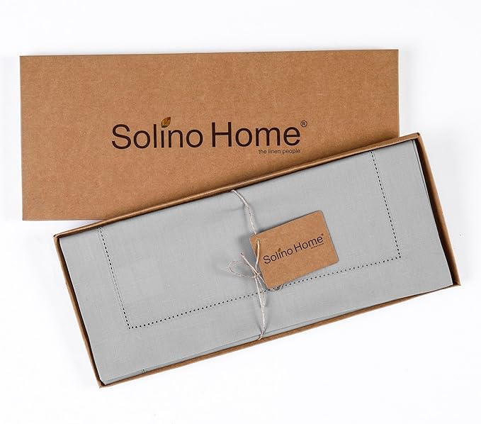 Solino Home Cotton Linen Light Grey Table Runner 132 Inches Long - Hemstitch 14 x 132 Inch Table Runner for Spring, Easter