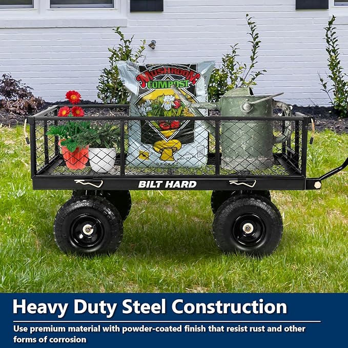 BILT HARD 10" Flat Free Tires Heavy Duty Garden Cart with 180° Rotating Handle and Removable Sides, 4 Cu.Ft 880 lbs Capacity Utility Steel Wagons for Outdoor, Yard