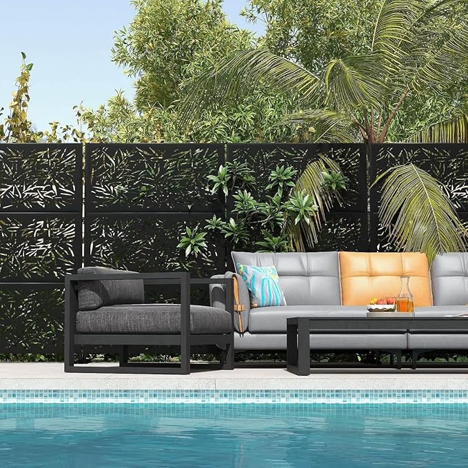 Elevens Patio Privacy Screen Balcony Decorative Screen Set with Stand, Outdoor Decor Privacy Fence Screen, Indoor Room Decorative Divider (Leaf-Black)