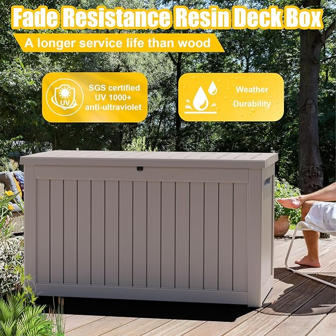 Deck Box - 280 Gallon Large Outdoor Storage box,Waterproof Patio Furniture and Storage Deck - Lockable and UV Resistant, Perfect for Pool and Outdoor Use, Weatherproof Resin, Lockable (Light Brown)