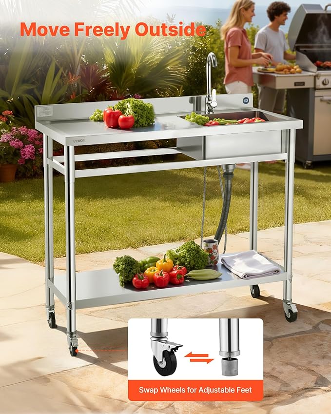 VEVOR Stainless Steel Utility Sink, Rolling Single Bowl Commercial Kitchen Sink with Wheels,Faucet and Hot & Cold Water Pipe,Utility Basin Workbench for Garage Restaurant Laundry 47.2 x 19.7 x 41.5 in