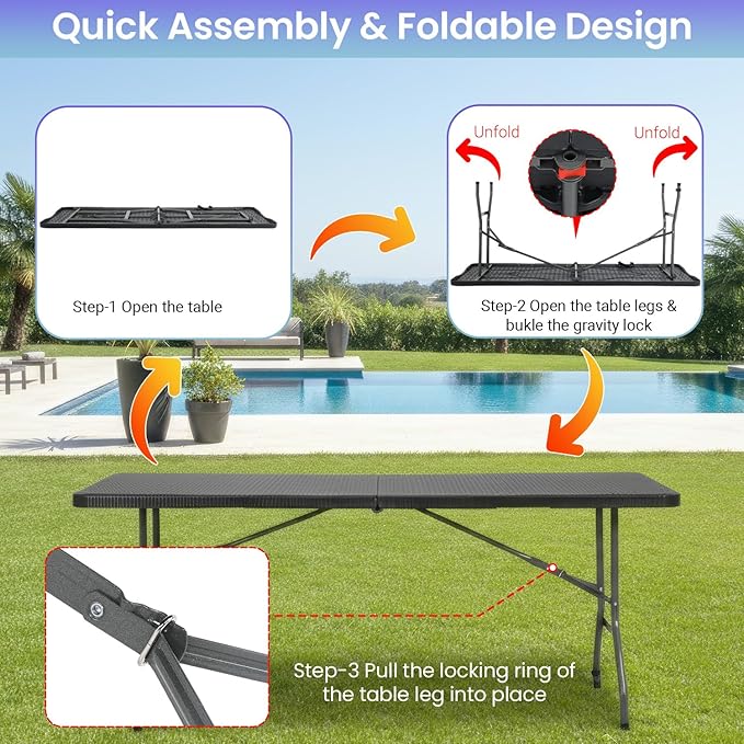 FDW 6FT Folding Table, Portable Fold-in-Half Plastic Picnic Party Table with Carrying Handle （Black Ratten, 6FT）
