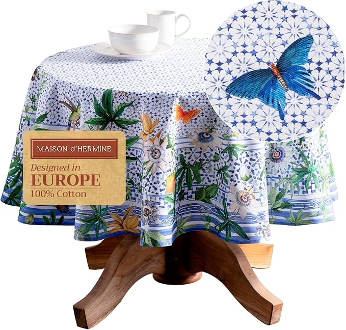 Maison d' Hermine Table Cloth Round Table 100% Cotton 69 Inches Tablecloth Reusable Decorative Everyday Use for Dining Room, Farmhouse, Home, Party, Festive & Wedding Spring Summer - Passiflora