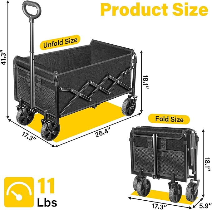 Wagons Carts Foldable, Collapsible Wagon with Wheels — Durable Foldable Wagon for Groceries,Picnic & Pets, Small Hauls, Apartment Moving & Storage, Portable Utility Pull Wagon Cart, 360lbs, Black