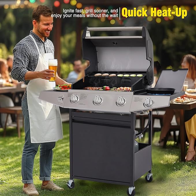 Unovivy 3-Burner Propane Gas Grill with Side Burner, Portable BBQ Grills with Oil Tray and Built-in Thermometer for Outdoor Barbecue, Camping, Patio, Backyard, 39,650 BTU