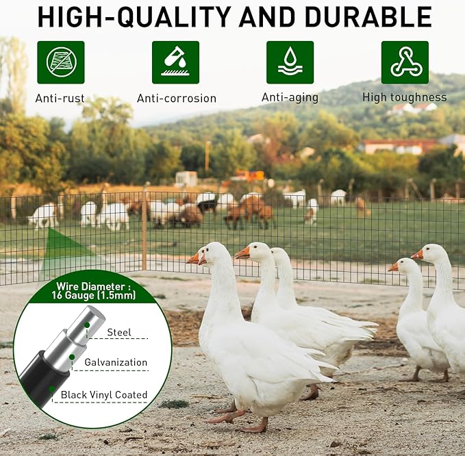 Black PVC Coated Welded Wire Fence 24 Inch x 50 Foot, 2 x 3 Inch 16GA Garden Border Fencing Roll Metal Wire Mesh Animal Barrier Fence for Yard Plant Vegetable Protection Dog Poultry Netting