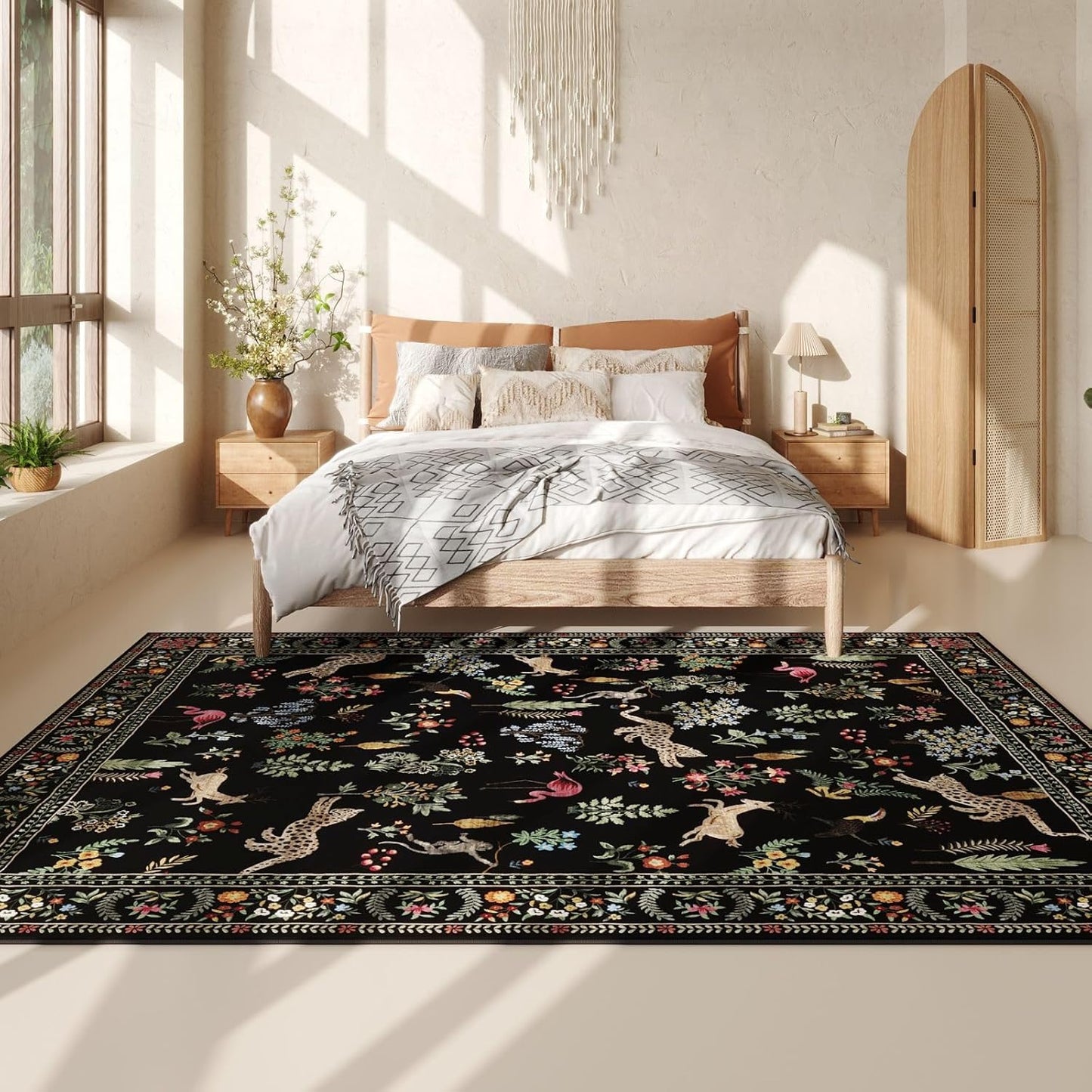 Rugcomf Area Rugs 8x10 Rug for Living Room Clearance Washable Boho Area Rug Non Slip Floral Animal Vintage Low Pile Large Rug for Living Room, Bedroom, Farmhouse, Dining Room, Kids Playroom (Black)
