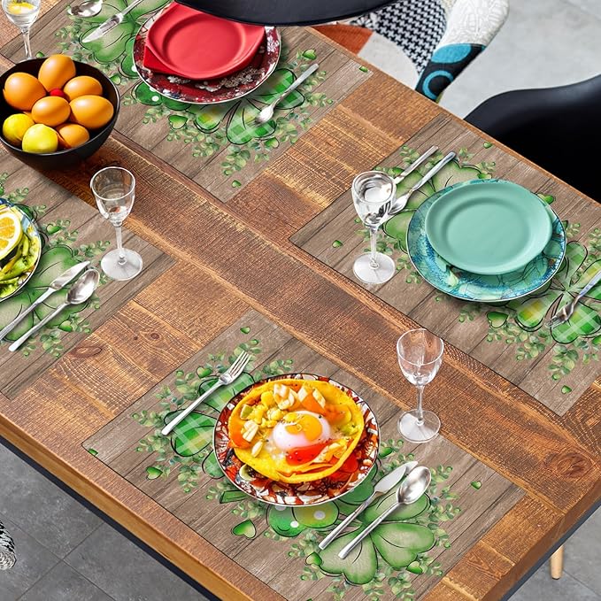 St Patricks Day Eucalyptus Leaves Placemats Set of 4, 12x18 Inch St Patrick Wooden Plank Dining Table Placemats Shamrock Spring Washable Heat Resistance Table Mats for Kitchen Dining Decor