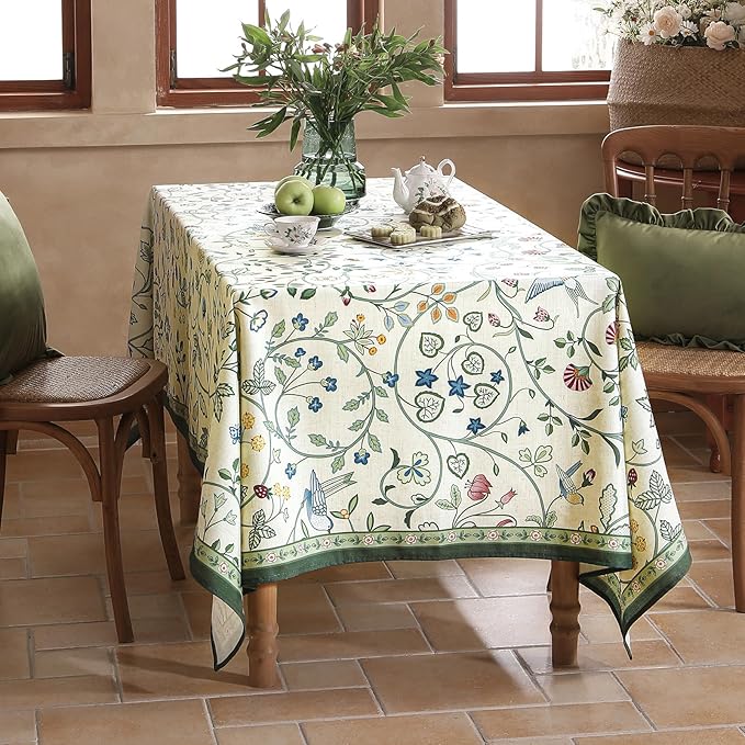 Linen Table Cloth Rectangle,Wrinkle Resistant French White and Green Tablecloth Print with Froal,Decor Stitch Table Cloth for Thanksgiving,Dining Room,Home,55" × 87"-Idaho A