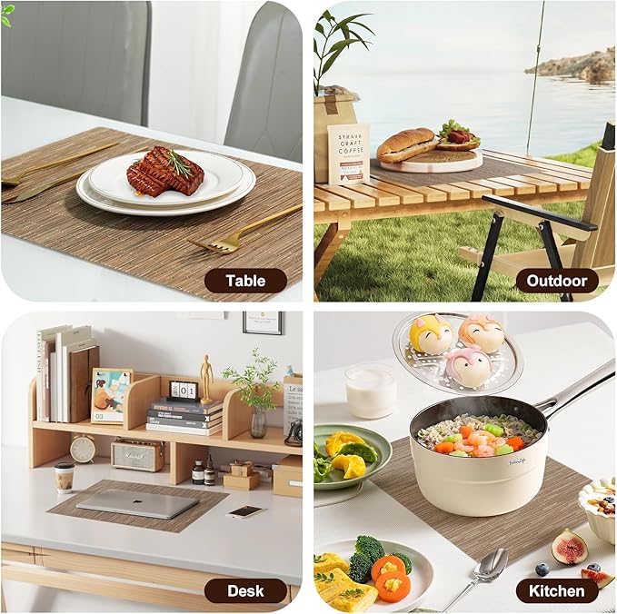 Placemats Set of 12，Non-Slip PVC Weave Table Mats Easy to Clean，Heat Resistant Place Mats for Kitchen Dining Table Decoration Indoor Outdoor，Light Brown