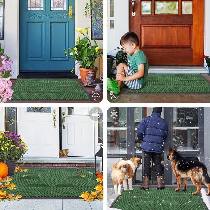 Smiry Front Door Mat Outside Entrance, Heavy Duty Sturdy Natural Rubber Doormat, Trap Dirt and Moisture, Easy Clean Low Profile Mats for Indoor Outdoor Entry, Irregular Triangle (71x24, Green)