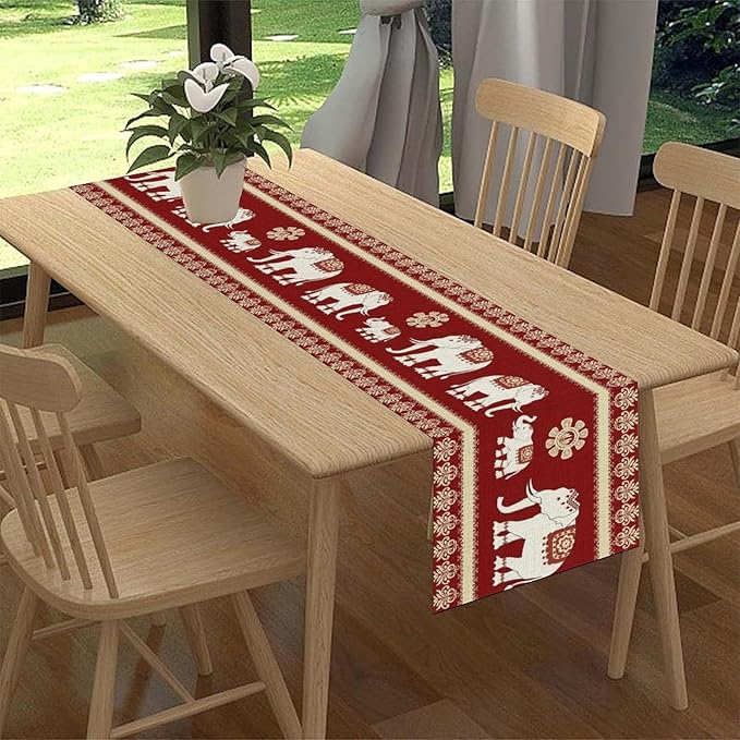 African Tribe Table Runner, Boho Red Elephants Tribal Traditional Diwali India Animal Ethnic Folk Rustic Coffee Table Center Decor for Home Kitchen Holiday Party Outdoor Table Decorations, 13"x90"