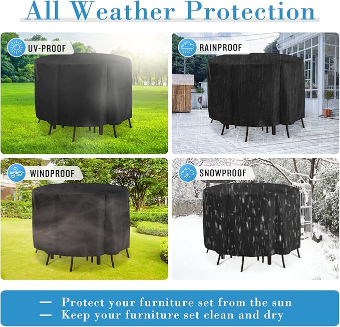 Kingling Patio Furniture Covers Waterproof, Round Patio Table Cover 72 inch Heavy Duty Outdoor Table Cover for Dining & Coffee Table Chair Set, Firepit Table All Weather Resistant--72''D x43''H(Black)