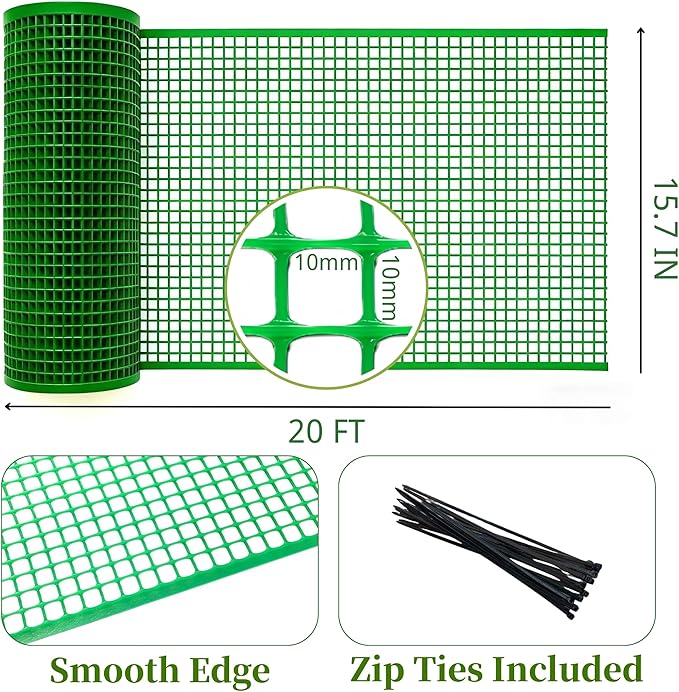 PotatoLife Plastic Wire Mesh Fence, Balcony Fence for Baby and Pets, Safety Fence, Stair Protector, Poultry, Garden, Tree Support, Durable Material, Free Zip Ties (Green, 15.7'' x 20')