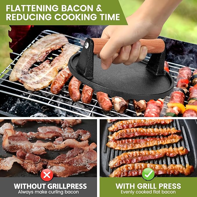 Blackstone Burger Press Set - 7" Round smash burger press & 8.3"x4.3" Rectangle Cast Iron Grill Press with Wooden Handle - Smasher is perfect for Blackstone Griddle, Pitboss Weber Griddle Grills