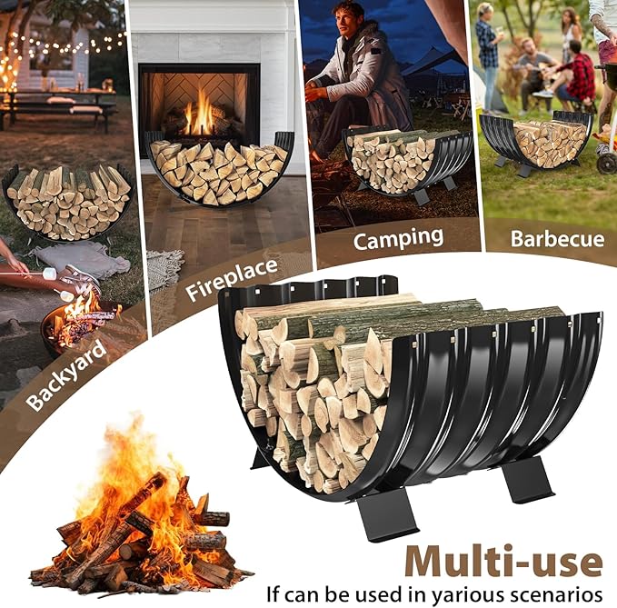 24 inch Diameter Semicircle Firewood Rack Storage -0.8MM Thick Galvanized Steel with Wave Pattern & 4 Stable Feet, Black Coated for Indoor/Outdoor Wood Storage (2FT Diameter)
