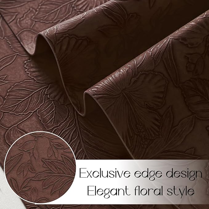 Romanstile Vinyl Placemats Set of 6-12 X 18 Inch - Heat Resistant Non-Slip Embossed Floral Place Mats 100% Waterproof Oilproof Wipeable Faux Leather Table Mats for Kitchen/Dining/Party, Brown