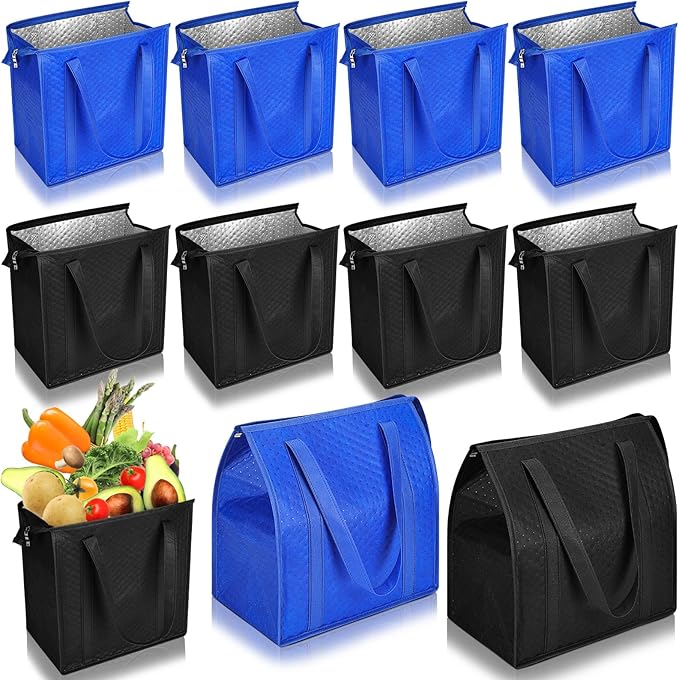 10 Pack Large Insulated Grocery Bags Reusable Shopping Bags with Zippered Top 13 x 12 x 7 Inch Thermal Cooler Totes Bulk with Handles for Hot Cold Food Delivery Refrigerator(Blue and Black)