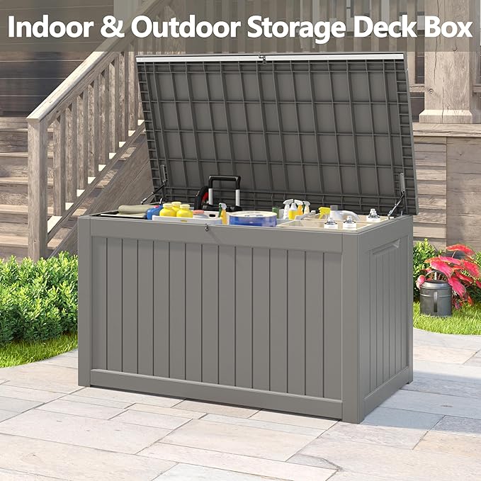 NUNU LAB 270 Gallon Large Resin Deck Box, Waterproof Outdoor Storage Box, Lockable Storage Bin for Patio Furniture, Garden Tools, Pool Accessories, UV-Resistant & All-Weather, Grey