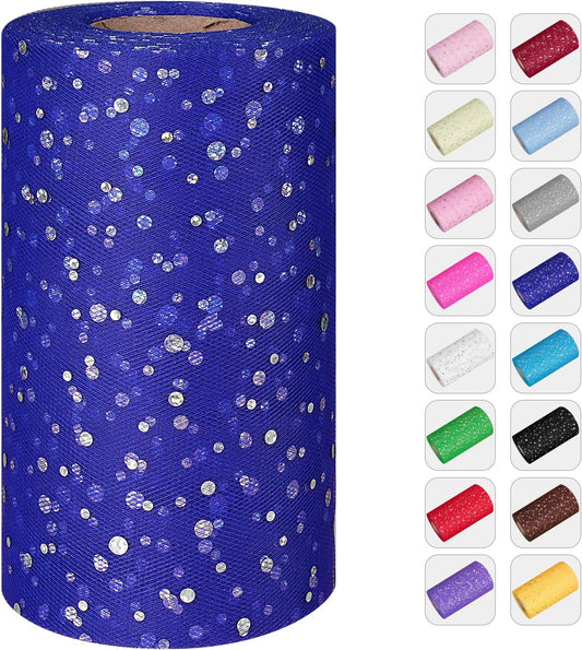 Glitter Tulle Rolls, 6” by 50 Yards (150FT) Sequin Tule Netting Fabric Tulle for Tutu Skirts Sewing Birthday Wedding Party Decoration (Royal Blue)