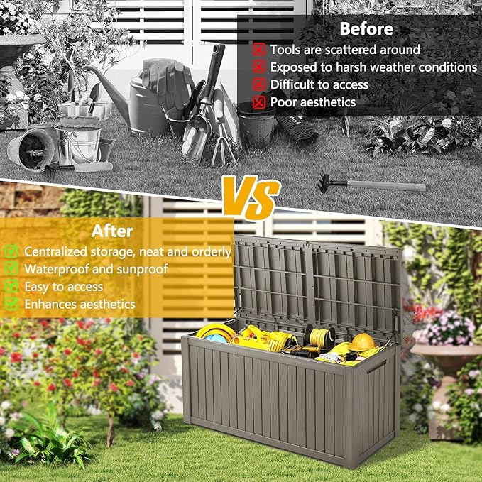 150 Gallon Deck Box, Resin Outdoor Indoor Waterproof Storage Box, Lockable Storage Box With Handle for Patio Furnitures - Garden Tools - Swimming Pool Tools UV-Resistant, Grey