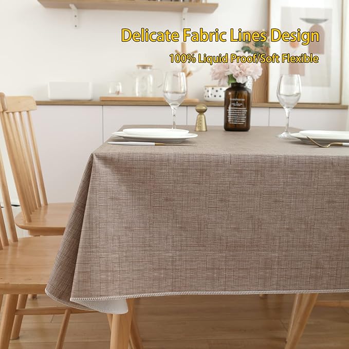 LIBERECOO Vinyl Tablecloth with Flannel Backing, Flaxen, Waterproof, Stain-Resistant, Easy-Clean Table Cover for Dining, Kitchen, and Outdoor Use, 60" x 120" Rectangle