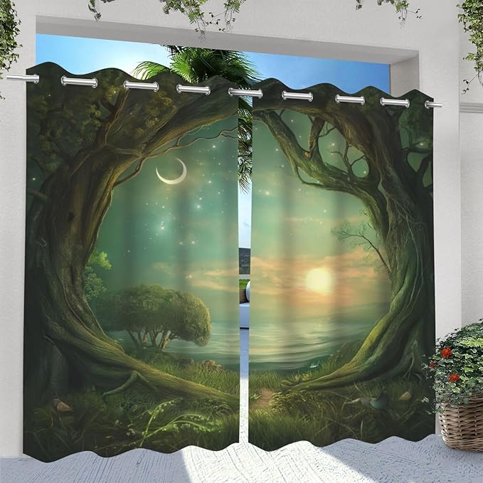 Forest theme Outdoor Curtains for Patio Waterproof,Trees Moon Lake pattern,Waterproof, Privacy, Grommet Curtains for Patio, Pergola, Porch, Deck, Lanai, Cabana,Set of 2 Panels,W54 x L108,Green