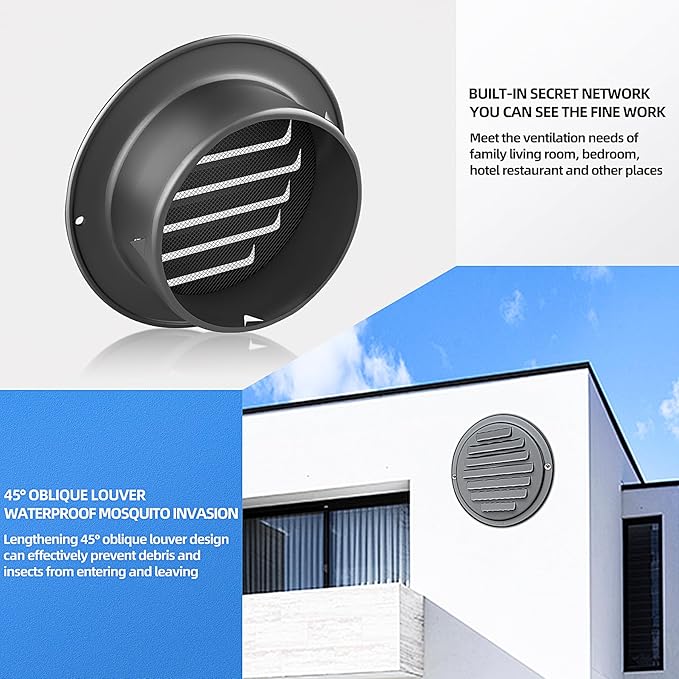 4inch 304 Stainless Steel Air Vents, Louvered Grille Cover Vent Hood Flat Ducting Ventilation Air Vent Wall Air Outlet with Fly Screen Mesh for House (4 inch Black Paint Cover （100mm）)