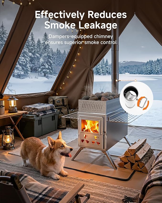 Sauna Hot Tent Stove, Camping Wood Burning Stove with 8 Stainless Chimney Pipes, Portable Folding Wood Stove for Tent, Outdoor Heating, Cooking, Ice Fishing, Hunting