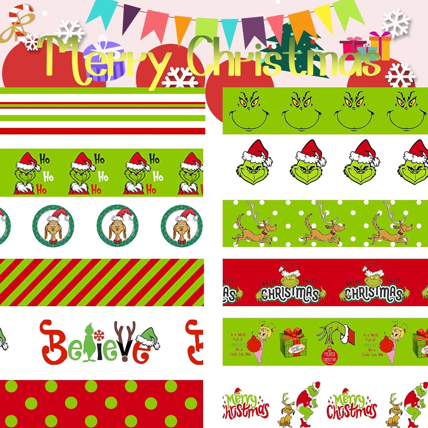 Christmas Washi Tape Set - 12 Rolls with Funny Cartoon Character Design in Green and Red for Festive Crafting and Gift Wrapping - 196.85ft Total Length