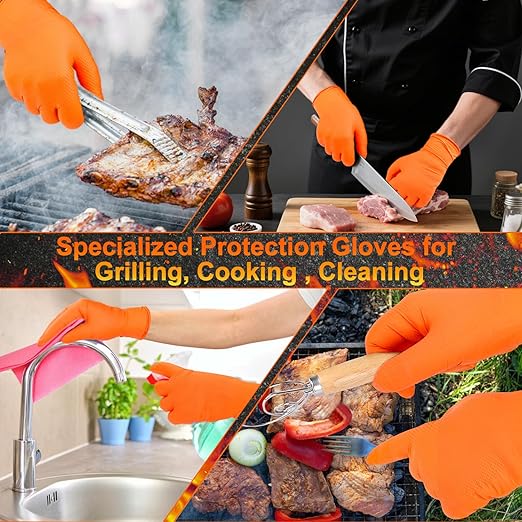 BBQ Gloves for Grilling Disposable Heat Resistant - 100 Nitrile Gloves + 4 Reusable Cotton Liners for Cooking Smoker -Orange Large